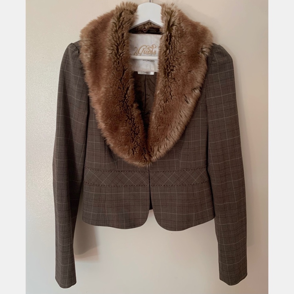 Guess • M • Plaid Brown Blazer Removable Faux Fur Collar
